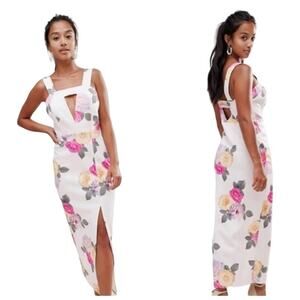 ASOS‎ Cut Out Square Neck Scuba Maxi Floral High Split Pale Pink Dress NWOT sz 8